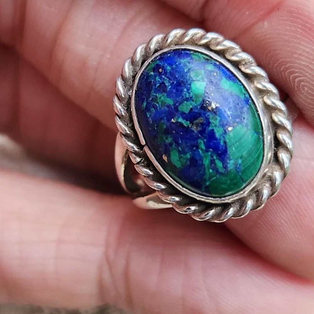 Navajo handmade Malachite Azurite ring sterling signed sz 7